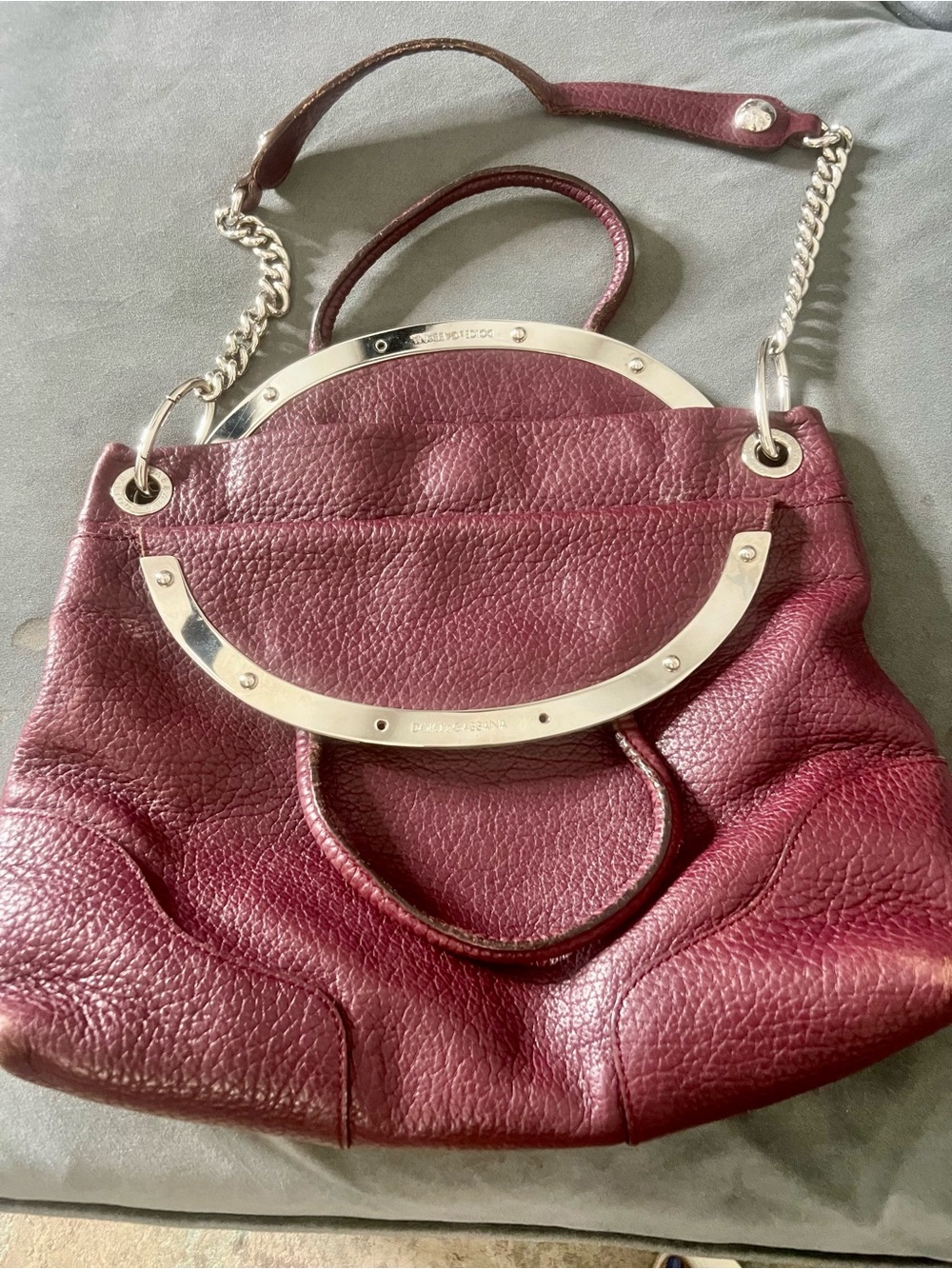 Dolce and Gabbana plum pebbled leather shoulder bag with silver hard ware. - Picture 5 of 14
